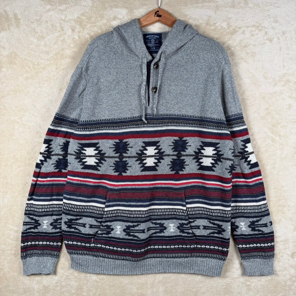 American Eagle Outfitters Men's Gray Aztec Print Hooded Pullover Sweater L